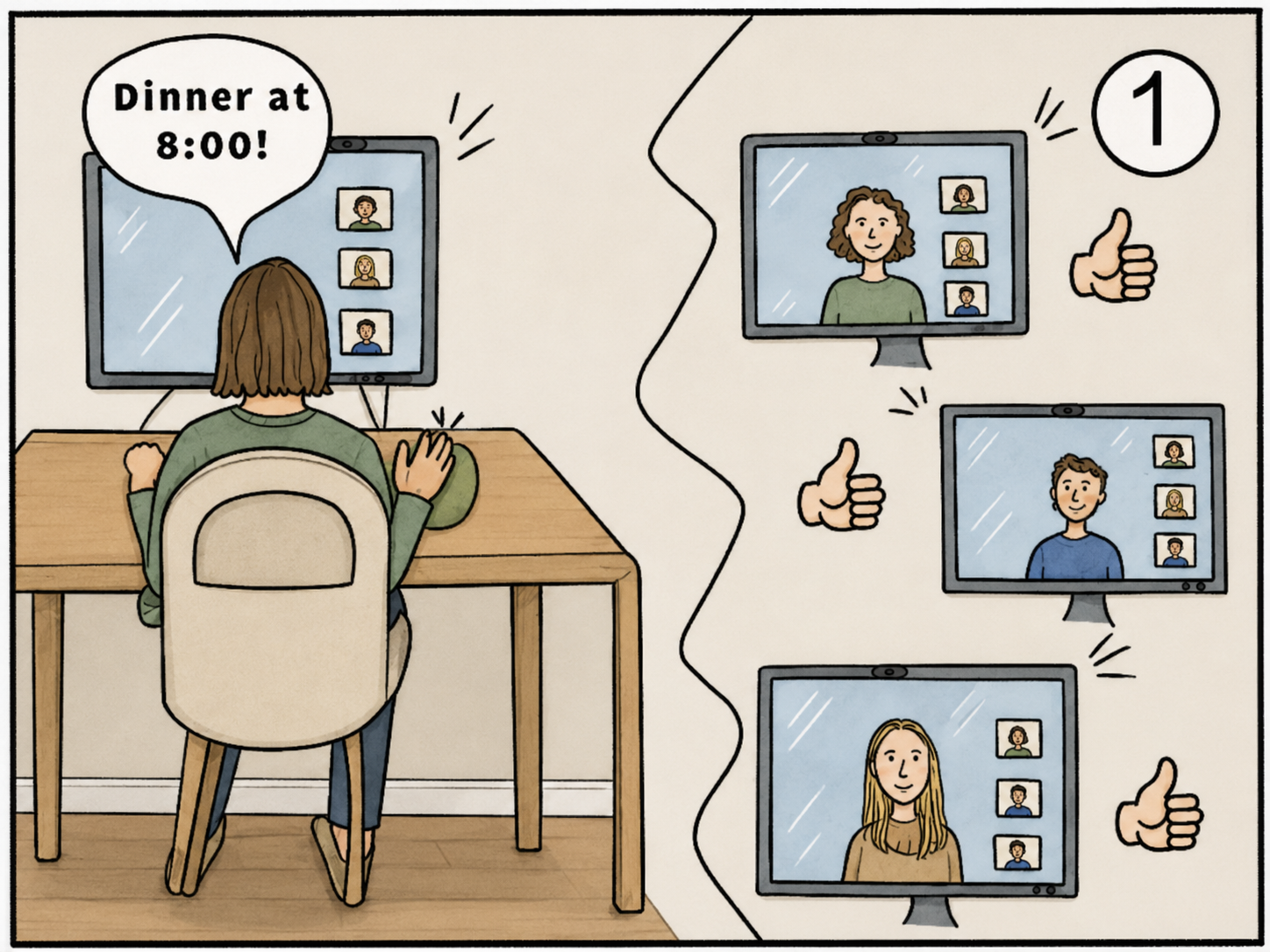 Videokonferenz mit mehreren Teilnehmern und Daumen hoch.